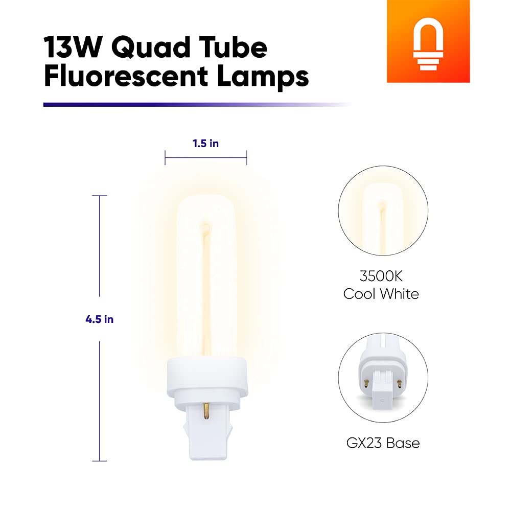 lumenivo 13W Quad Tube Fluorescent Lamp, GX23-2 Base, 810 Lumens, 4 Pack, Cool White 3500K