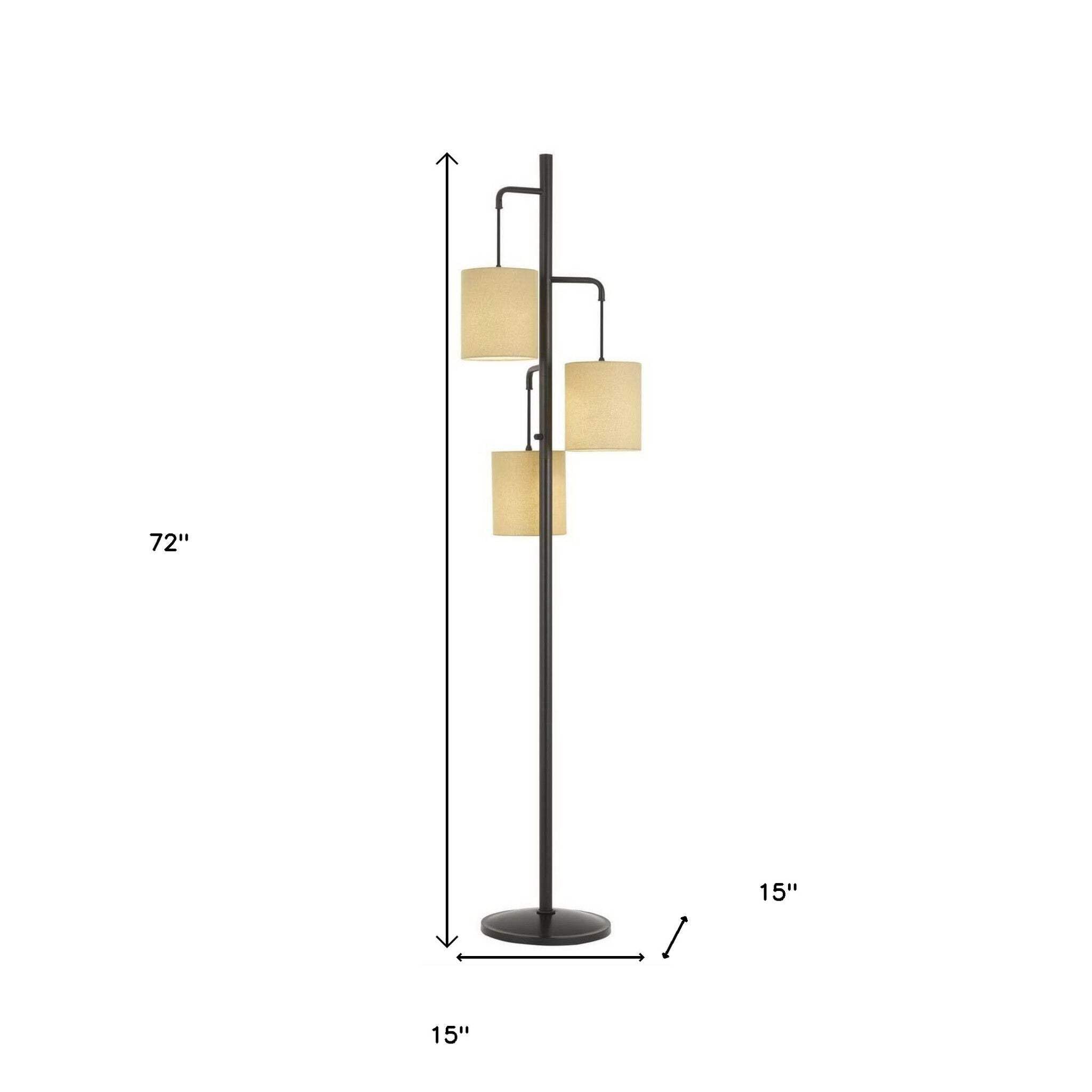 Homeroots Three Light Traditional Floor Lamp, 72 In., Metal, Beige Drum Shade, Bronze Finish