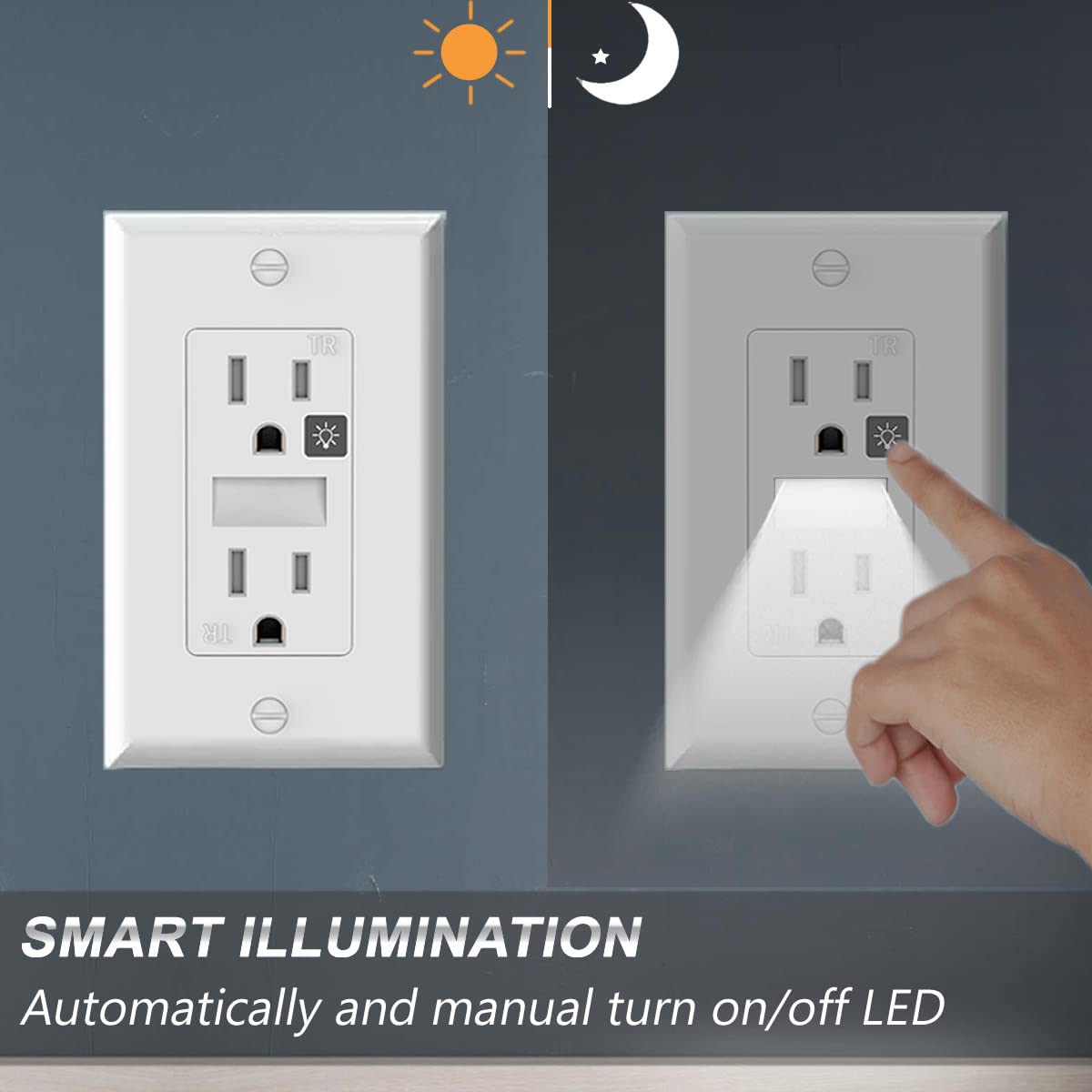 SOZULAMP Tamper Resistant Receptacle Outlet with Night Light, 15A 125V, Polycarbonate, Glossy White, 2-Pack, Model MG-105