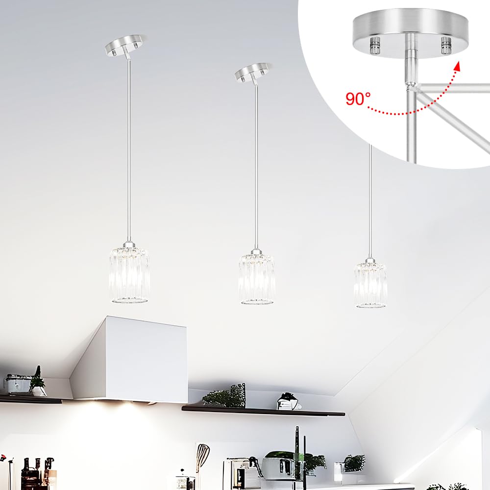 Lxybcce Chrome Kitchen Pendant Lights Over Island With Adjustable Rods - Crystal Pendant Lighting Fixtures 3 Pack  Ideal Over Dining Table Or Bar  E26 Bulb Compatible  No Electrician Needed