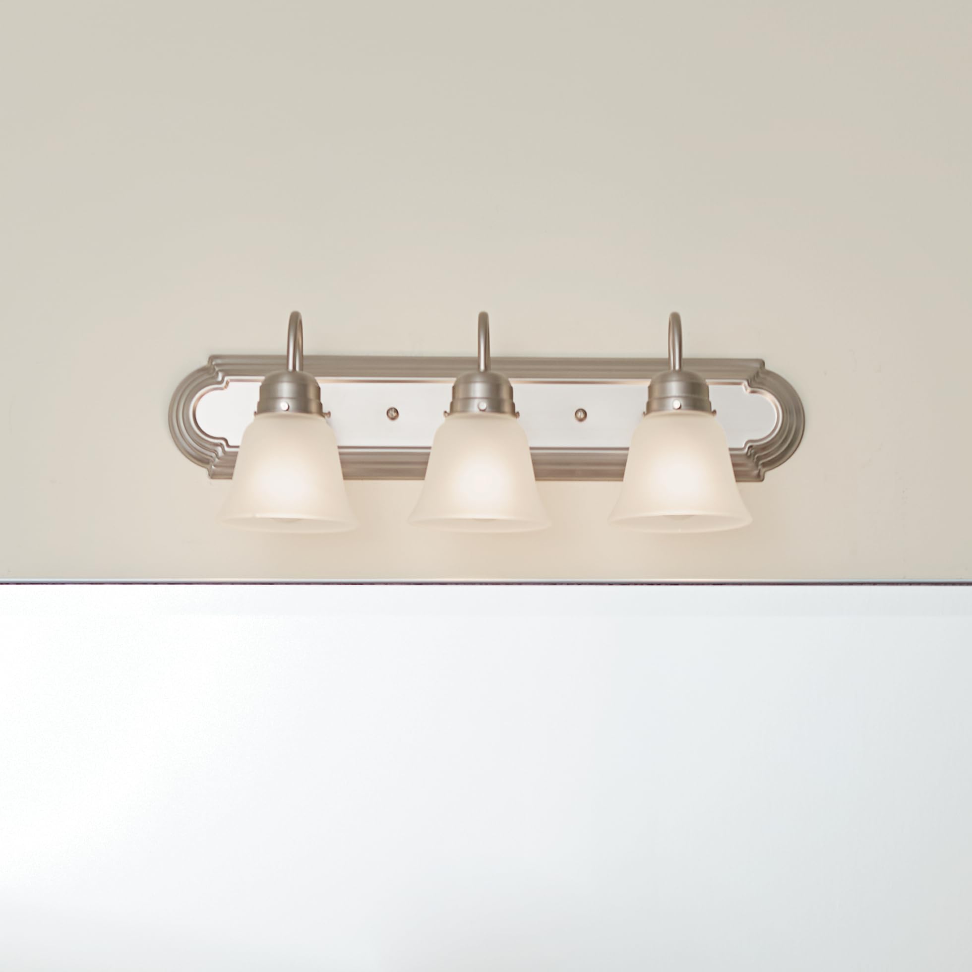 Kichler 24'' 3-Light Vanity Bath Light In Brushed Nickel, Modern Bathroom Light With Clear Satin Etched Glass, (24'' W X 8'' H),