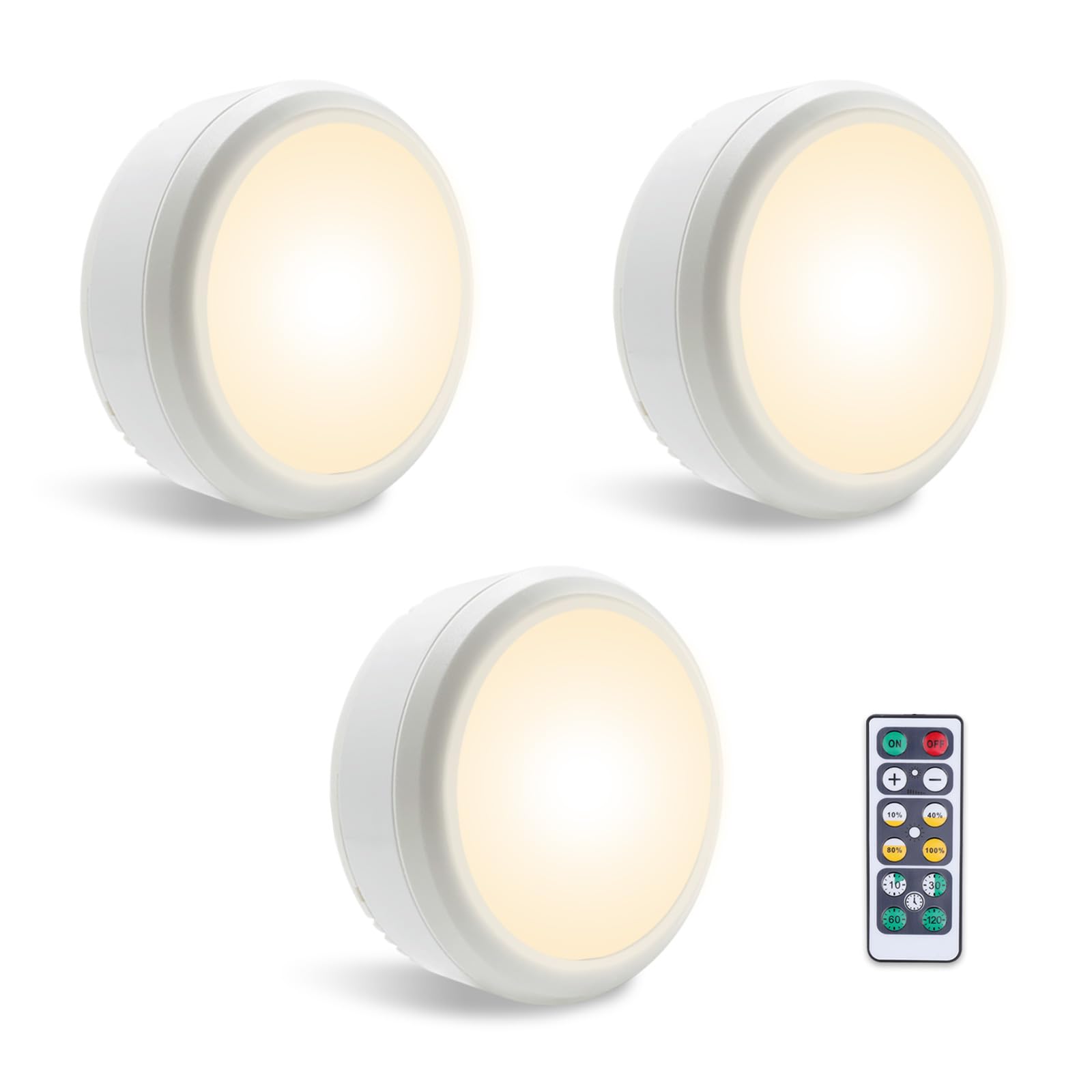 LEASTYLE Puck Lights with Remote, Battery Operated, Dimmable Timer, 3000K, White, 3 Pack, Model 009