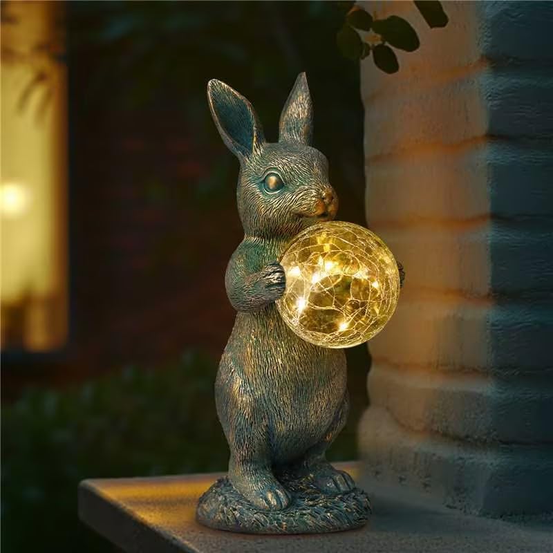 Mininova Garden Outdoor Statues Rabbit With Solar Light Bunny Figurines Decorations With Wider Base & Reinforced Weight For Pati