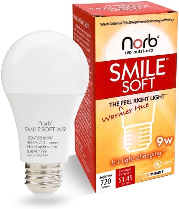 Norbsmile Soft Full Spectrum Light Bulb. Sunlike Softer-Hue A19 Wellness Led. Boost Energy, Mood & Performance, Support Circadia