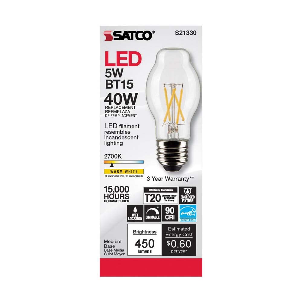 Satco 6Pk 5W Bt15 Led 2700K Medium Base Dimmable - 40W Equiv