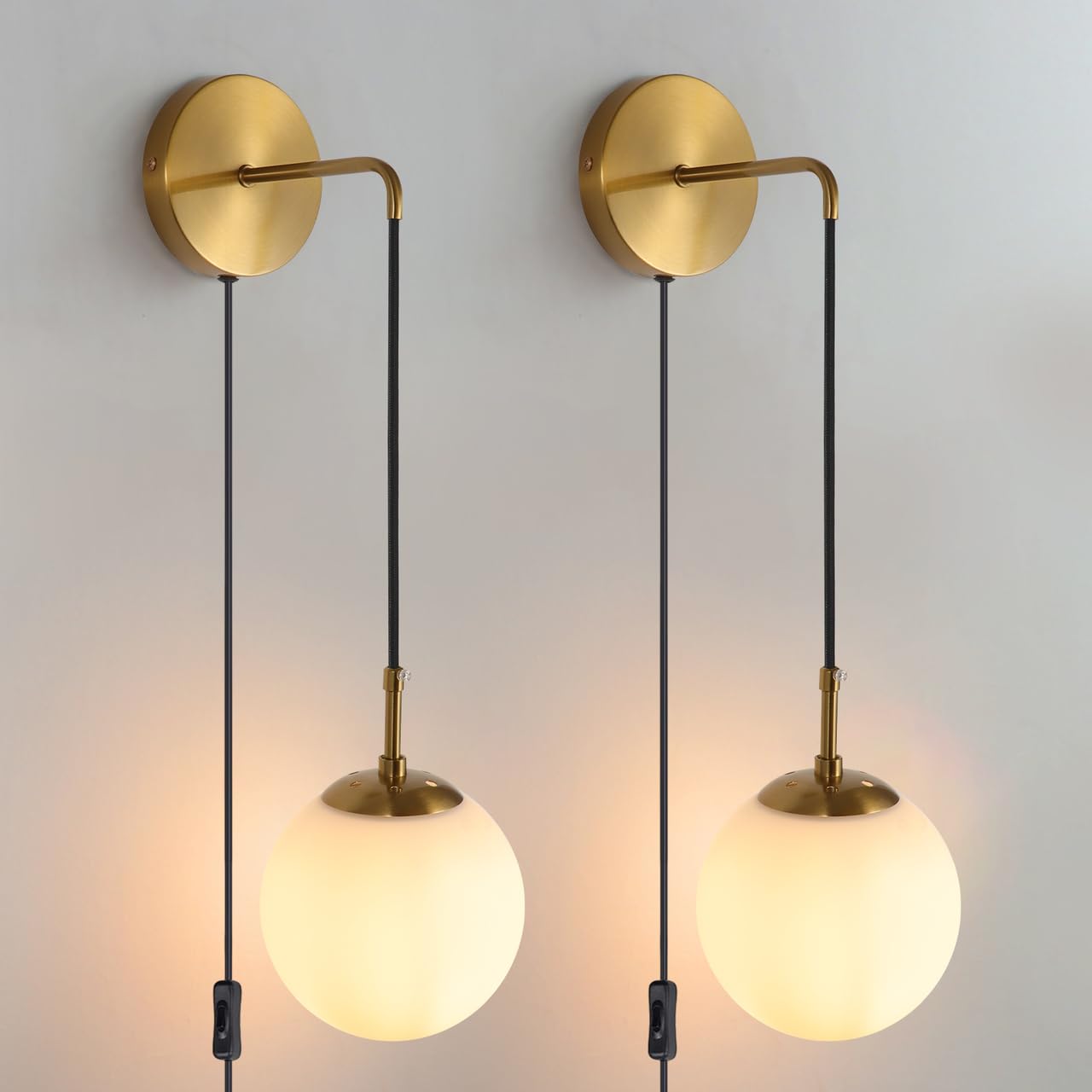 KUZZULL Wall Sconces Set of Two Plug in Wall Sconces Brushed Brass Gold Wall Lamp with Cord Wall Sconce Plug in with Globe White