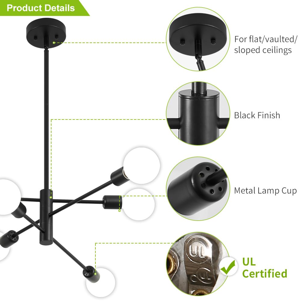 Deyidn Sputnik Chandelier - 6-Light Black Modern Industrial Ceiling Light Fixture for Living Room, Kitchen, Bedroom, Dining Room