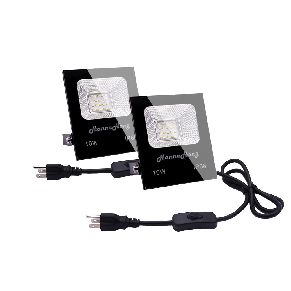 HANNAHONG 10W LED Flood Light 2 Pack, IP66 Waterproof, Cool White, Metal, Black