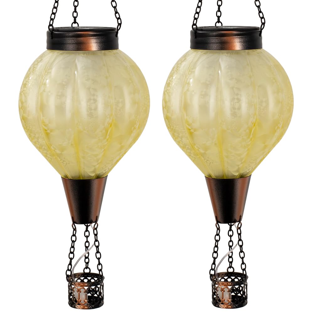 SUNNYGARDEN 2 Pack Hanging Solar Air Balloon Lantern Outdoor Waterproof, Hot Air Balloon Solar Lantern Flickering Flame Outside 