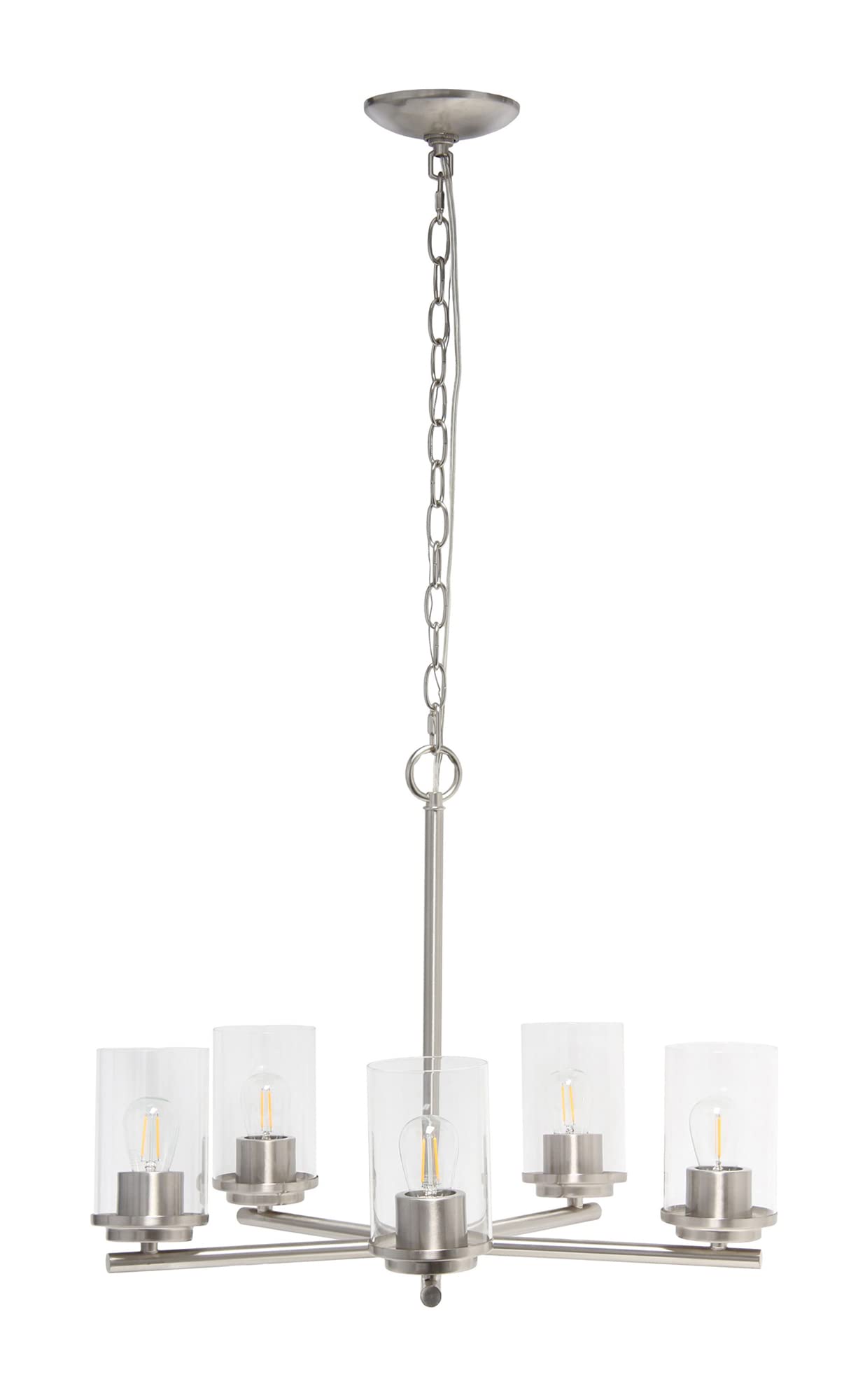 Elegant Designs Pt1019-Bsn 20.5&quot; Traditional Vintage Modern Industrial 5-Light Metal And Clear Glass Kitchen Island Foyer Hallway Living Room Den Dining Room Hanging Pendant Chandelier, Brushed Nickel