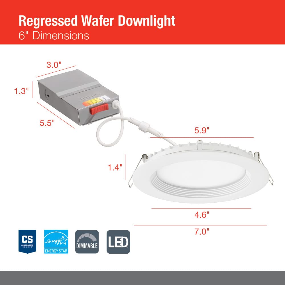 Juno Led Recessed Lighting 6 Inch Canless Wafer Downlight, Switchable Color Temperature 2700K/3000K/3500K/4000K/5000K, Shallow R
