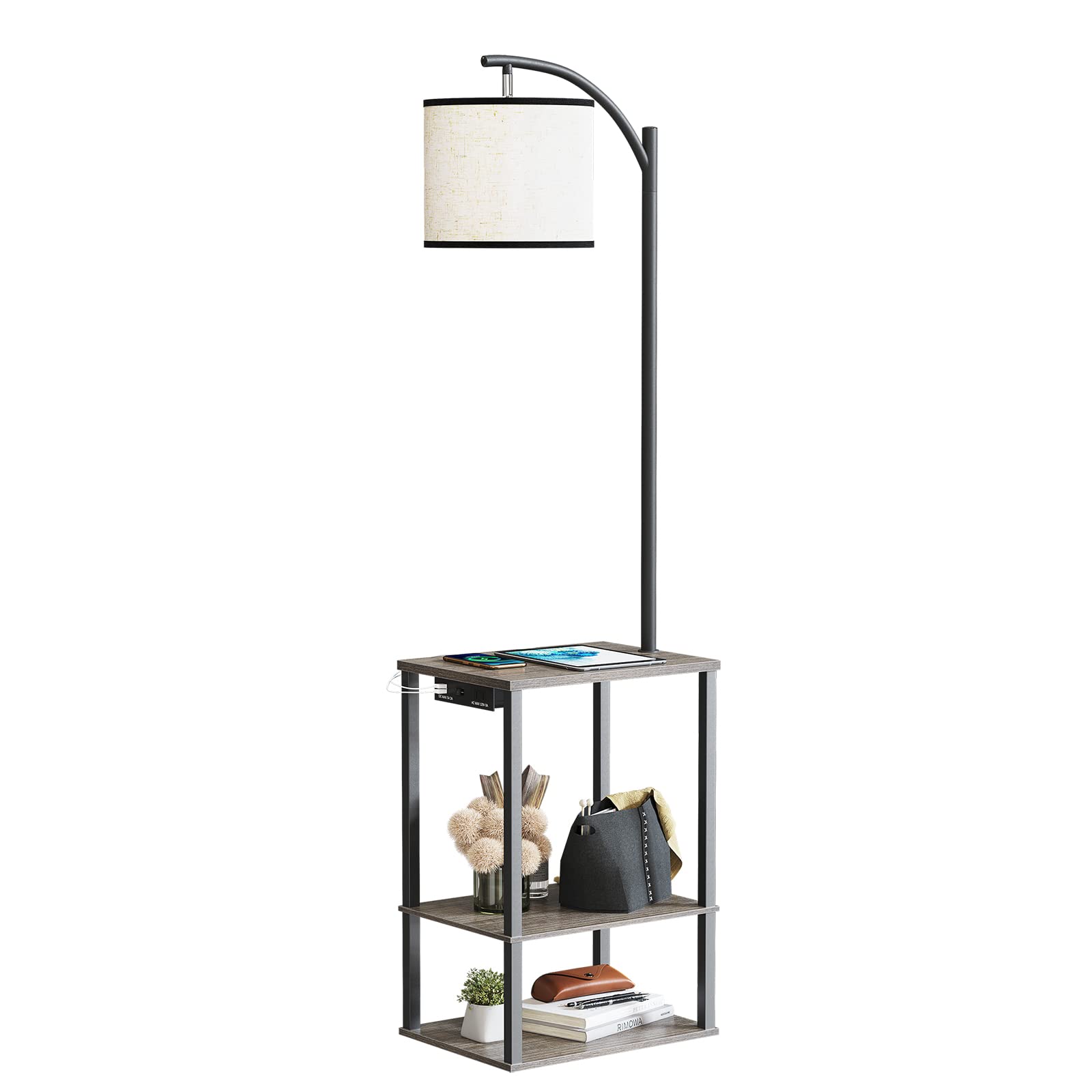 Sunmory Floor Lamp With Table, End Table With Lamp, Shelves, Charging Station(Usb & Ac Port), 3-Color Temperature Led Bulb, Side