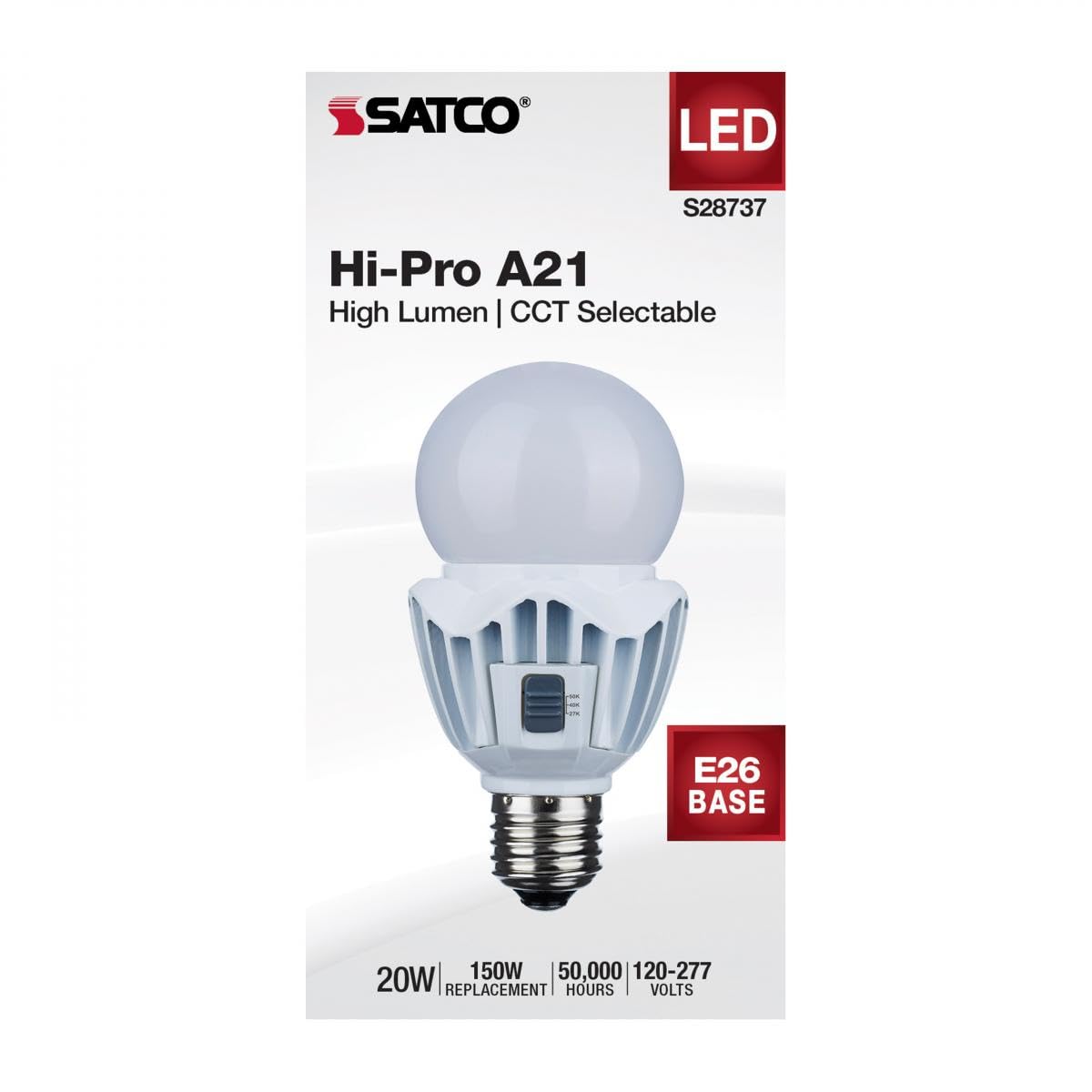 Satco 12 Pack S28737 20Wa21/Led/3Cct/120-277V 20 Watt Led A21; High Lumen Output; 27K/40K/50K Cct Selectable; Medium Base; White