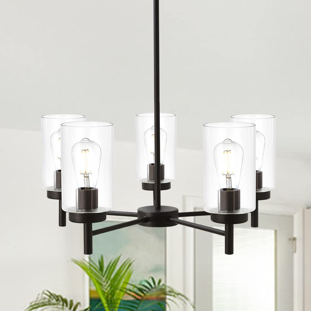 VINLUZ 5-Light Contemporary Chandelier, Oil-Rubbed Bronze, Clear Glass Shades, Model 1810-5-13, Modern Lighting for Dining Room & Kitchen