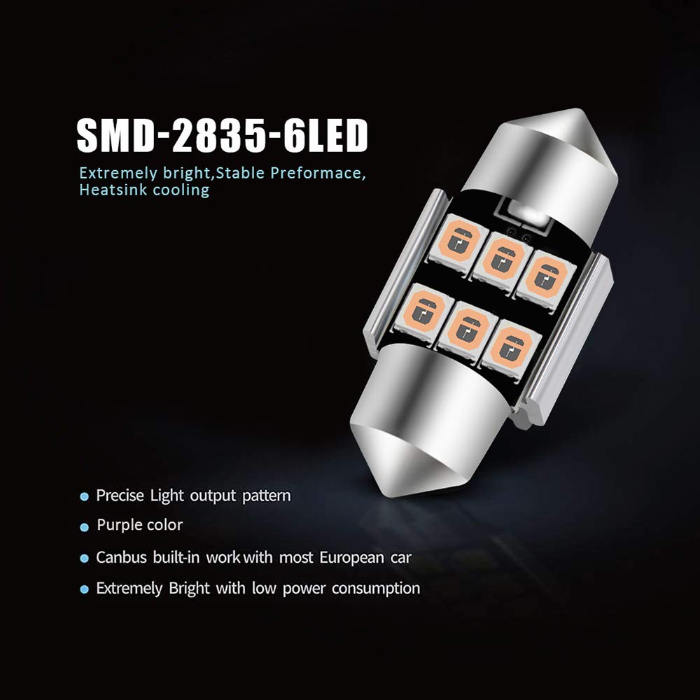 Auxlight 6614 6641 6612F 6615 F30-Whp Ts-14V1Cp 29Mm 1.14   Festoon Led Interior Light Bulbs Purple, Super Bright 6Smd Chips For