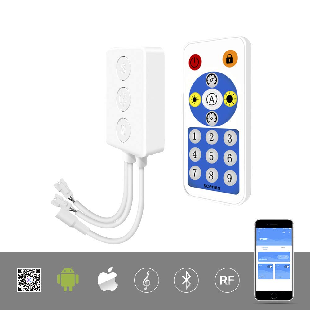 BTF-LIGHTING WS2812B LED Controller SP601E Dual Output Ports, Built-in Mic, White, for Android/iOS, RF Remote, Music Sync