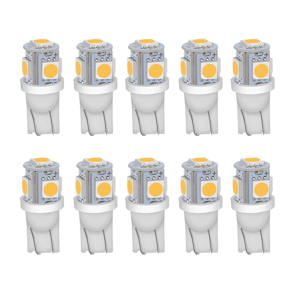 Blyilyb 10-Pack Warm White Replacement Stock # 194 T10 168 2825 W5W 175 158 Bulb 5050 5 Smd Led Light 12V Car Interior Lighting