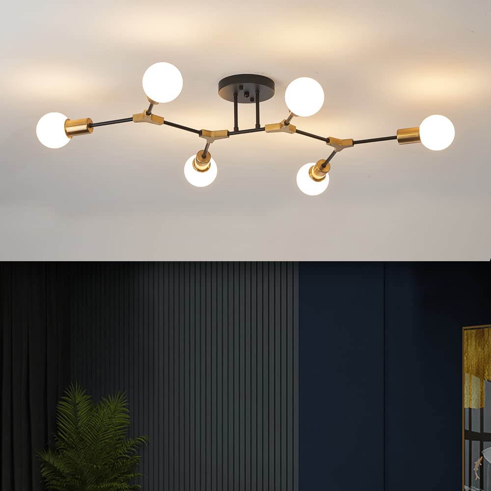 Quoobe Modern Mid Centur 6 Light Semi Flush Mount Ceiling Lighting Fixture For Living Room Bedroom Dining Room Hallway Kitchen Office,Minimalist Gold And Black Sputnik Chandelier