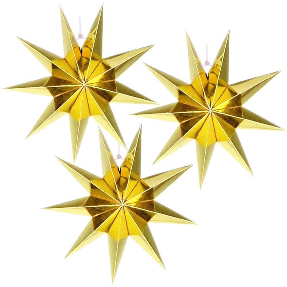 3 Pieces 3D 12'' Large Paper Star 9 Pointed Hanging Gold Paper Star Decorations for Weddings, Christmas Holiday, Kids Bedroom De