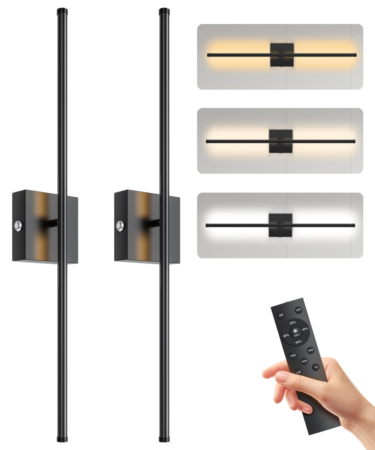 Abovizo Wall Sconces Set of 2, Battery Operated, 3 Color Dimmable, 15000mAh, Remote Control, Black, Model AB55/3A