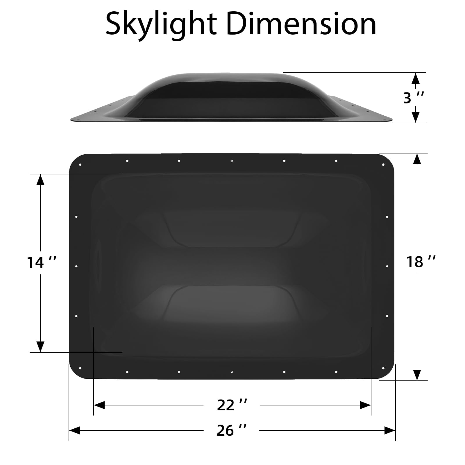 XMK RV Skylight Replacement - 18"x26", Impact Resistant Polycarbonate, Black, Fits 14"x22" Openings, Model RV Skylight-016