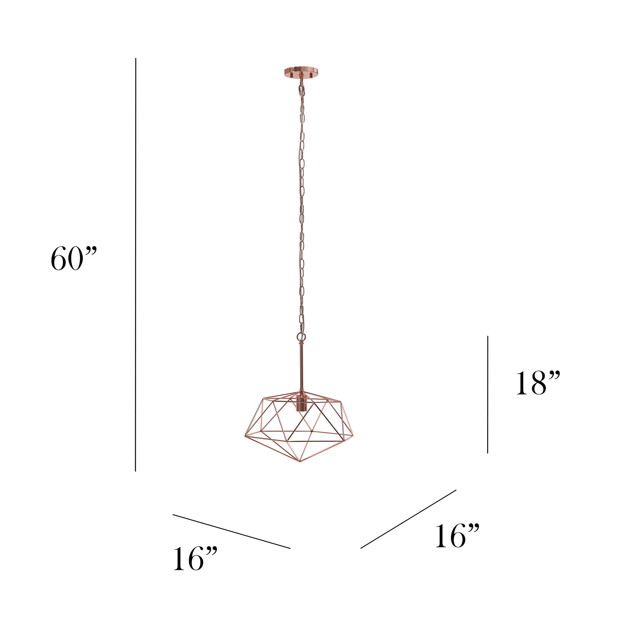 Elegant Designs Pendant Light Fixture, 16in Iron Geometric Cage, Rose Gold, Model PT1011-RGD
