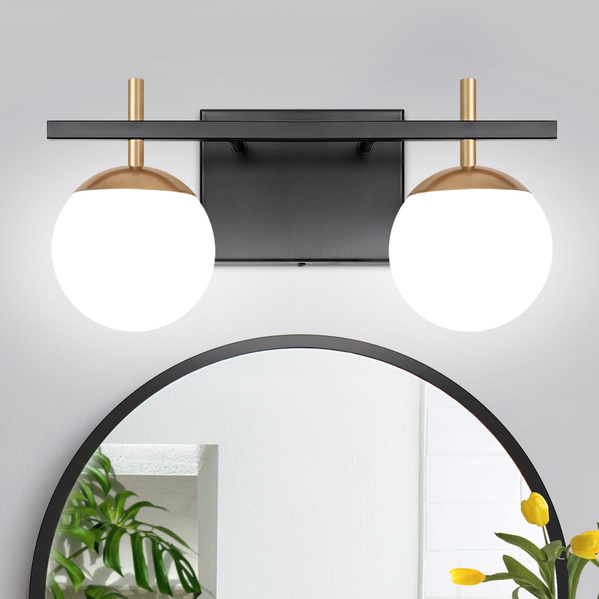Zsmihdoh 2-Light Bathroom Vanity Light, Black & Gold Mid Century Globe Fixtures With Milky Glass