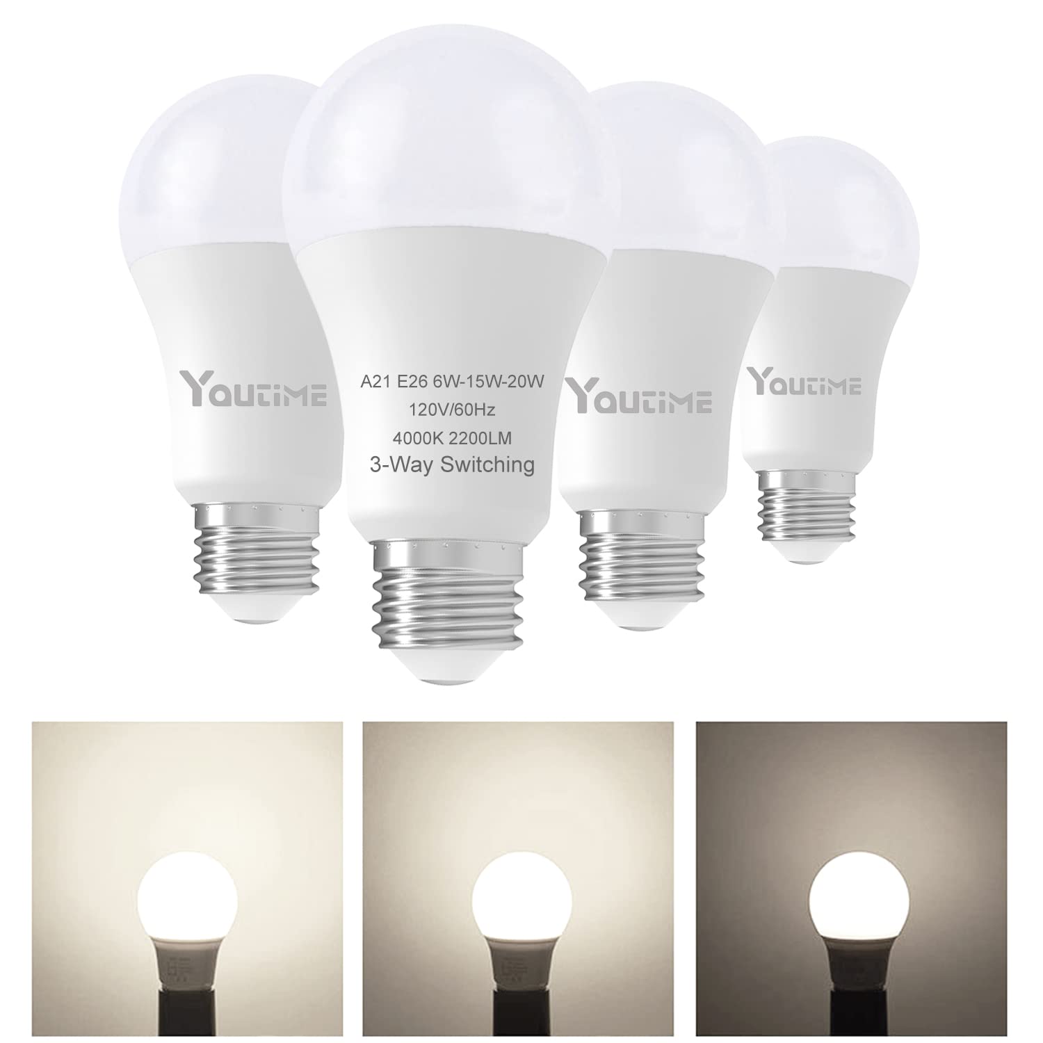 Youtime 3 Way Light Bulbs, 3 Way Led Light Bulbs 50 100 150 Watt Equivalent Standard A21 6/15/20W,Perfect For Home Lighting Natu