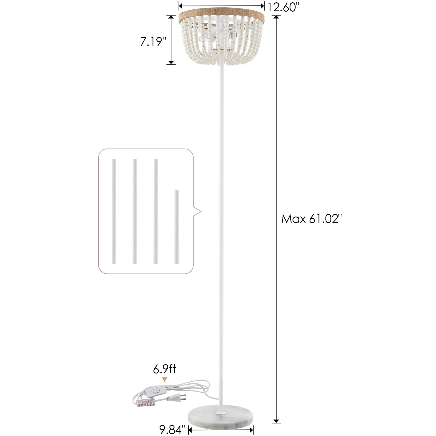 VILUXY Boho Floor Lamp - 3-Light White Wood Beaded Shade for Bedroom, Living Room, Girl Room