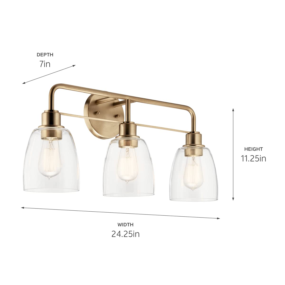 Kichler Meller 24.25 Inch 3 Light Vanity Light With Clear Glass Shades In Champagne Bronze For Bathroom Or Powder Room, (24.25''