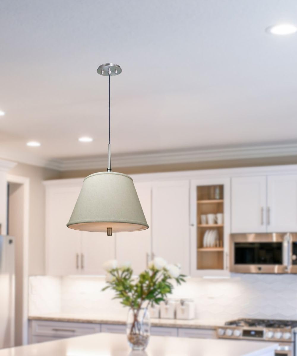 Laura Ashley Pendant Light, Satin Nickel, Empire Textured Oatmeal Shade, Slotted UNO, Diffuser