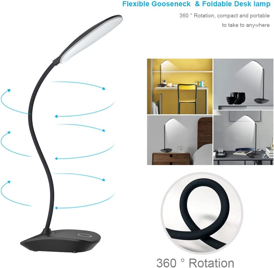 DEEPLITE LED Desk Lamp - Flexible Gooseneck, 3 Brightness Levels, Battery Operated, 2 Pack, Black, Model OL-T04, Portable for Dorm/Office