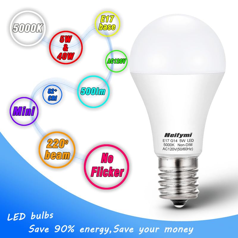 Heifymi E17 Intermediate Base Led Bulb, 5 Watts(40 Watts Equivalent), Daylight 5000K, Ac120 Volts, 500 Lumens, Non-Dimmable For