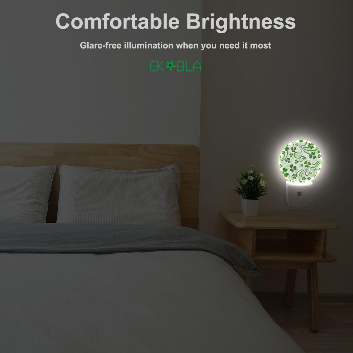 Ekobla St Patrick'S Day Night Light Green Clover Leaves Shamrock Lucky Leaf Night Lights Plug Into Wall Auto Sensor Led Round La