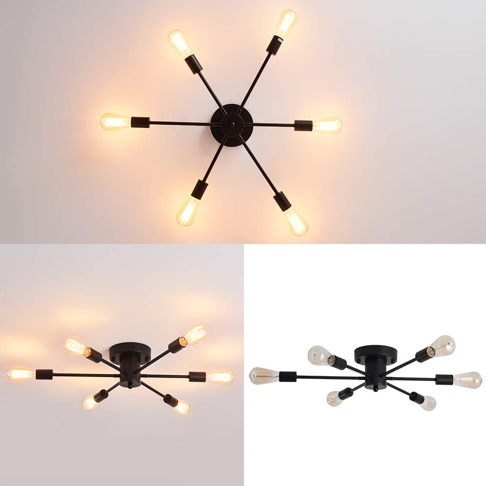 Uofus 6-Light Sputnik Semi Flush Mount Ceiling Light - Black Modern Industrial Chandelier