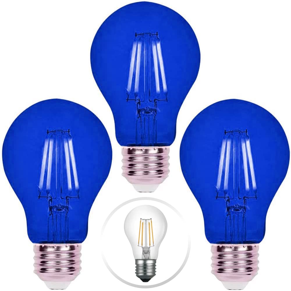 3 Pack A19 Filament LED Blue Light Bulbs – E26 Base 8W 75 Watt Equivalent Vintage LED Blue Bulb LED Decorative Lighting Blue LED Bulb for Party Decoration, Porch, Home, Halloween Light Bulbs