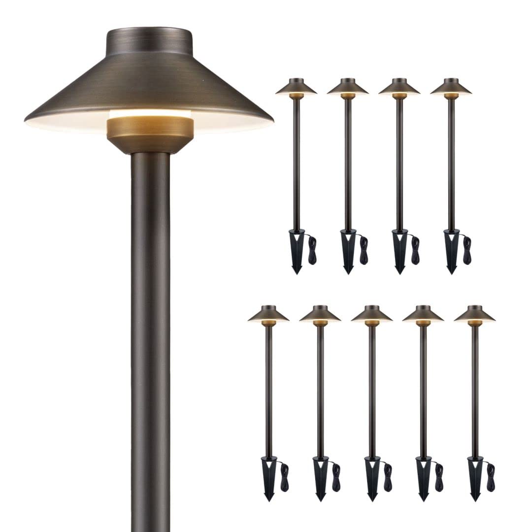 Gardenreet Solid Brass Landscape Path Lights - 12V Low Voltage Pathway Light Ip65 Waterproof, Outdoor Walkway Fixture Hardwired, Hat-Top Antique Bronze For Patio Lawn G4 Bulb Not Included (10 Pack)