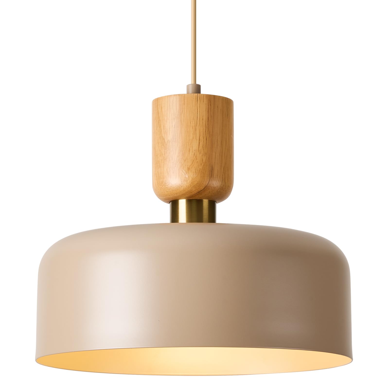 TeHenoo Contemporary Pendant Lights with Wood Cap, Brass Accent, 12 inch Light Brown Metal Shade,for Kitchen, Dining Room, Cafe