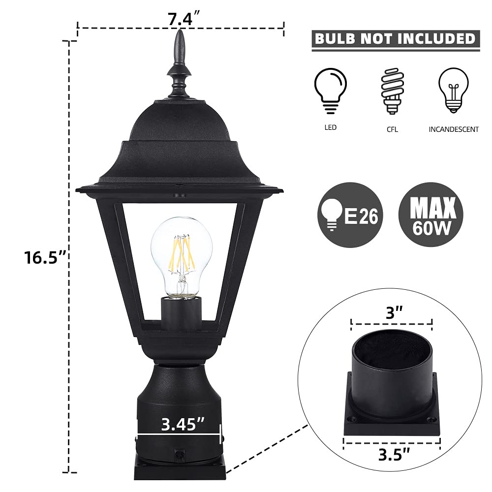 Windben Outdoor Post Light Fixture, Matte Black Aluminum Lantern, 7.4in, Model WB8006 for Gardens, Yards, Balconies, and Entrances