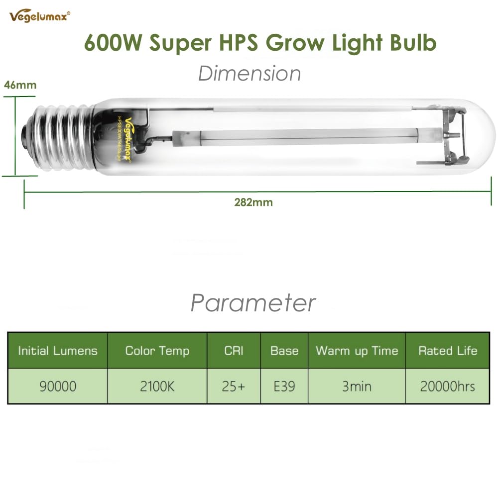 Vegelumax 600Watt Hydroponic High Pressure Sodium Hps Grow Light Bulb Lamp,High Par Enhanced Red And Orange Spectrums,Cct 2100K,