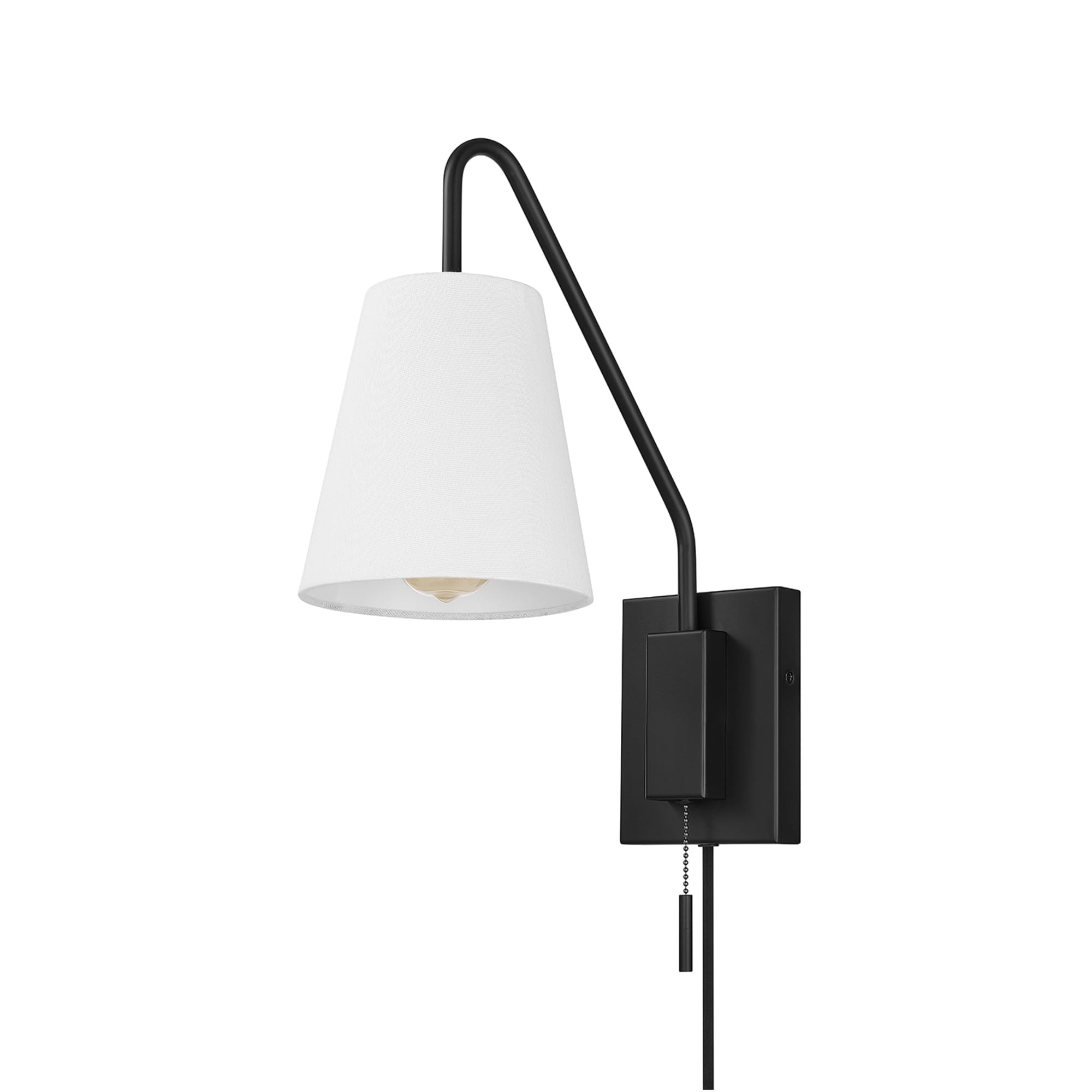 Globe Electric 65000043 1-Light Plug-in or Hardwire Wall Sconce, Matte Black, White Fabric Shade, Swing Arm, 6ft Black Braided F