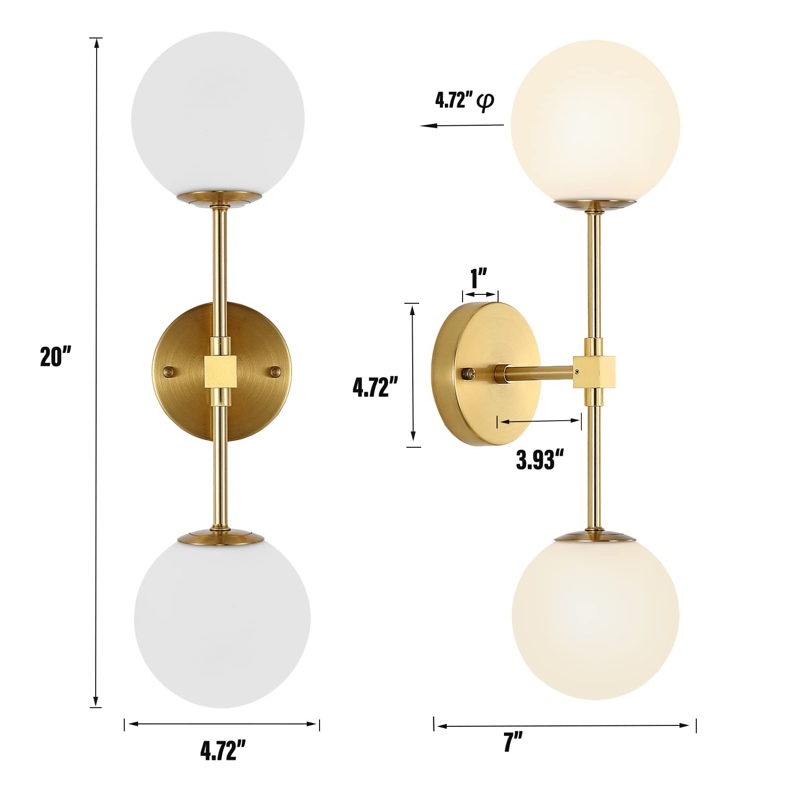 BAODEN Modern Wall Sconce 2-Lights Industrial Mid Century Bathroom Vanity Wall Light with White Globe Glass Lampshade Brushed Br