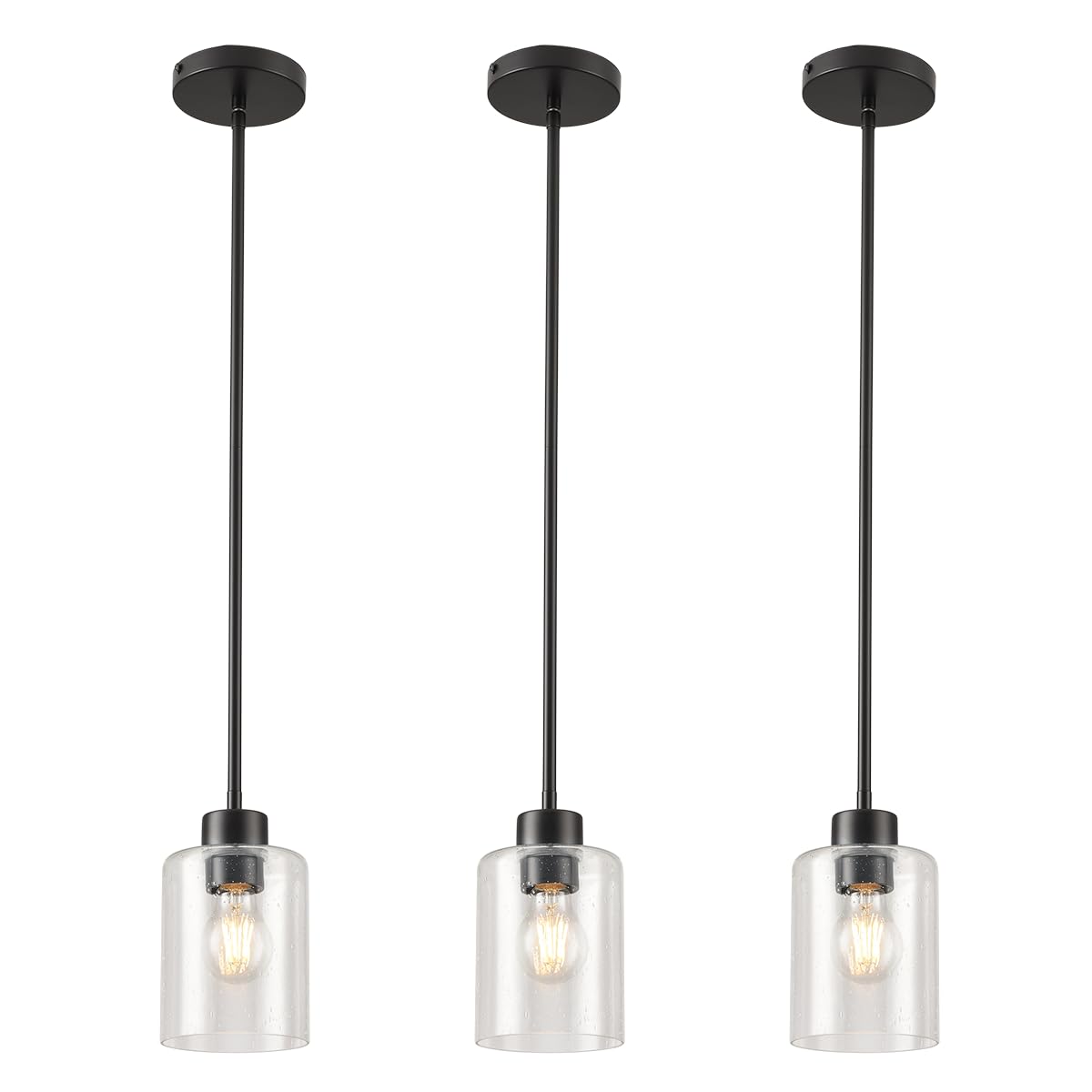 KLSS Black Pendant Lights Kitchen Island - Seeded Glass Pendant Light Fixture Multiple Stems Rods (3 Pack with Rod seeded Glass)