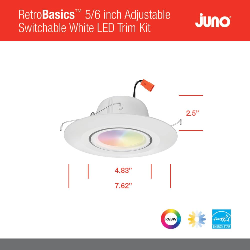 Juno 5/6-Inch Adjustable LED Downlight, RGBW Dynamic Color, Model RB56AC, Matte White Finish