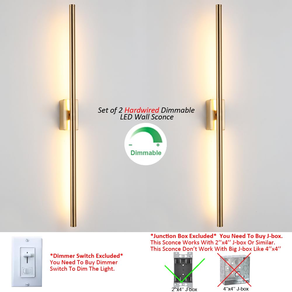 Reddragon Lighting Set Of 2 Dimmable Hardwired Linear Gold Led Wall Lamp 1-Gang Long 40 Inch Vanity Wall Sconce For Living Room Bedroom Bathroom Corridor Mirror (2 Pack, 40'', Gold, Dimmable)