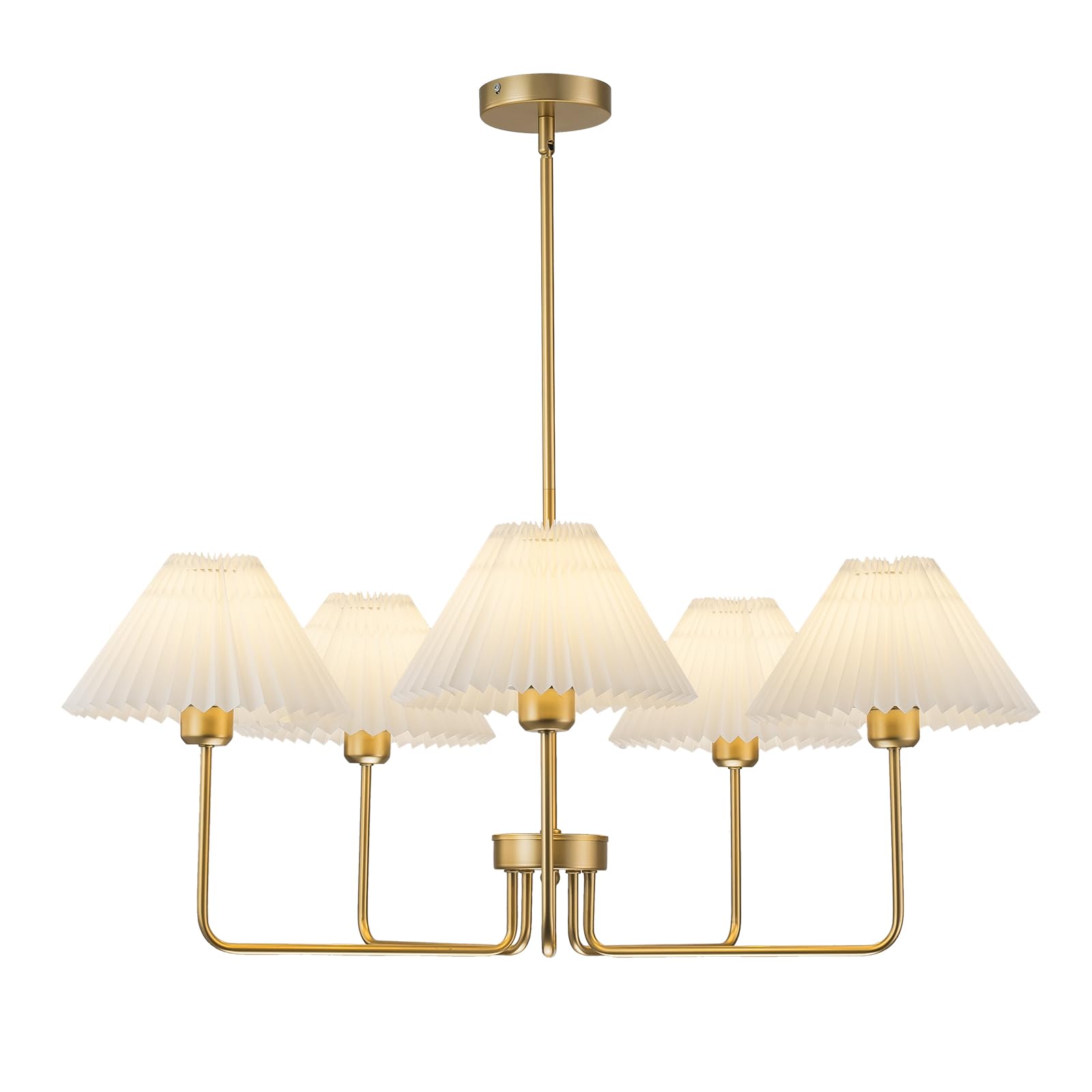 FIYUEOYI 5-Light Gold Chandelier,Mid Century Modern Dining Room Light Fixtures with White Pleated Fabric Shades, Chandeliers Lig