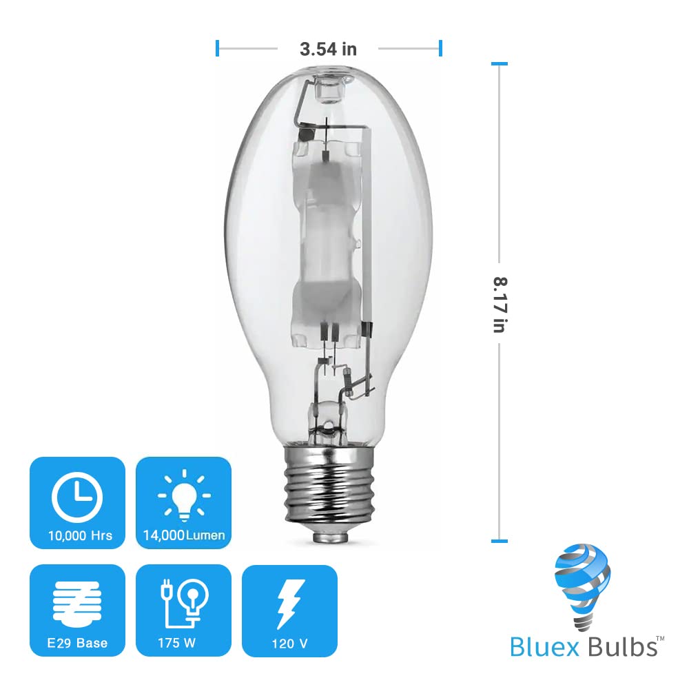 Bluex Bulbs MH175/U/MOG 175W Metal Halide Bulb - Mogul Base E39, ED28 Clear, 14000 Lumens, Glass, 3 Pack
