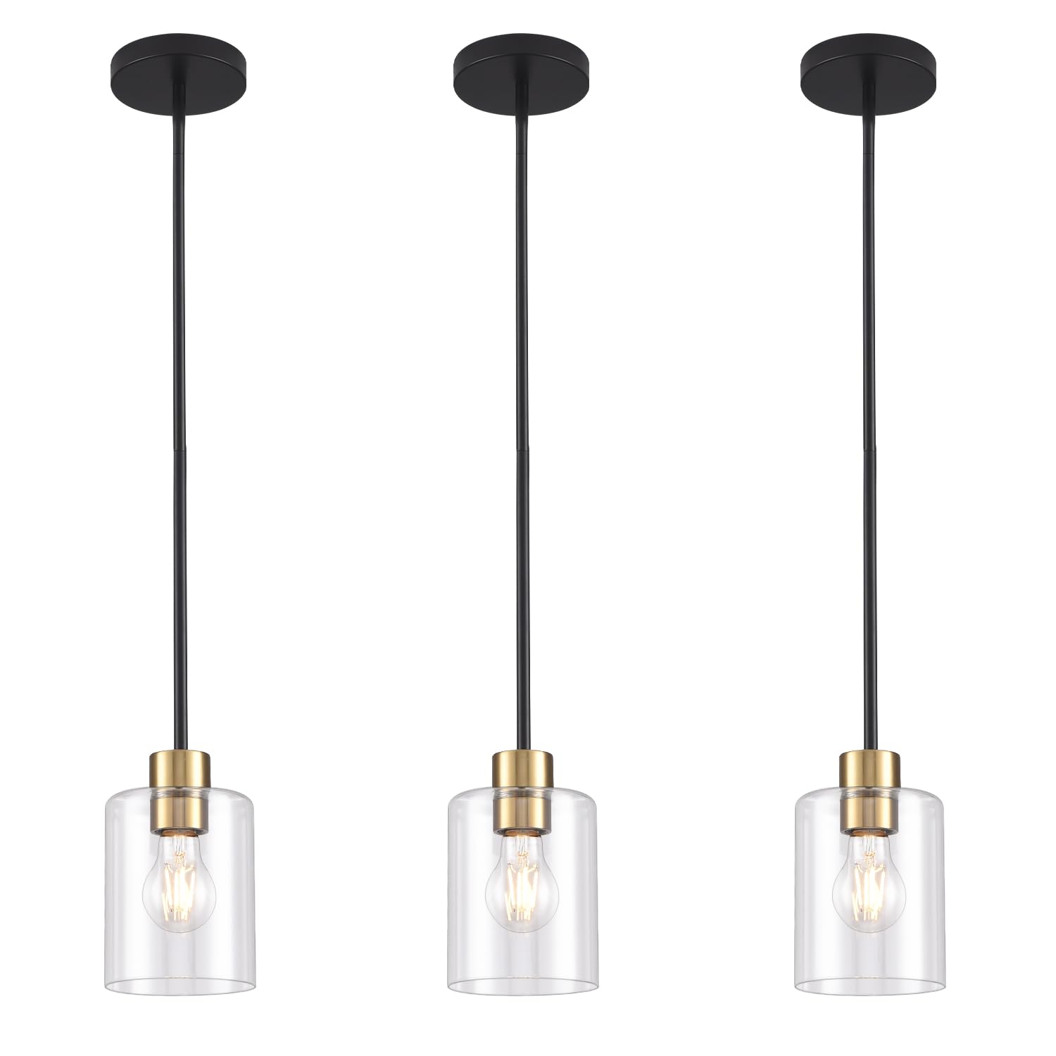 KLSS Black Brass Pendant Lights 3 Pack - Clear Glass Fixture with 12 Inch & 4 Inch Rods, Model HJBLDD3P001