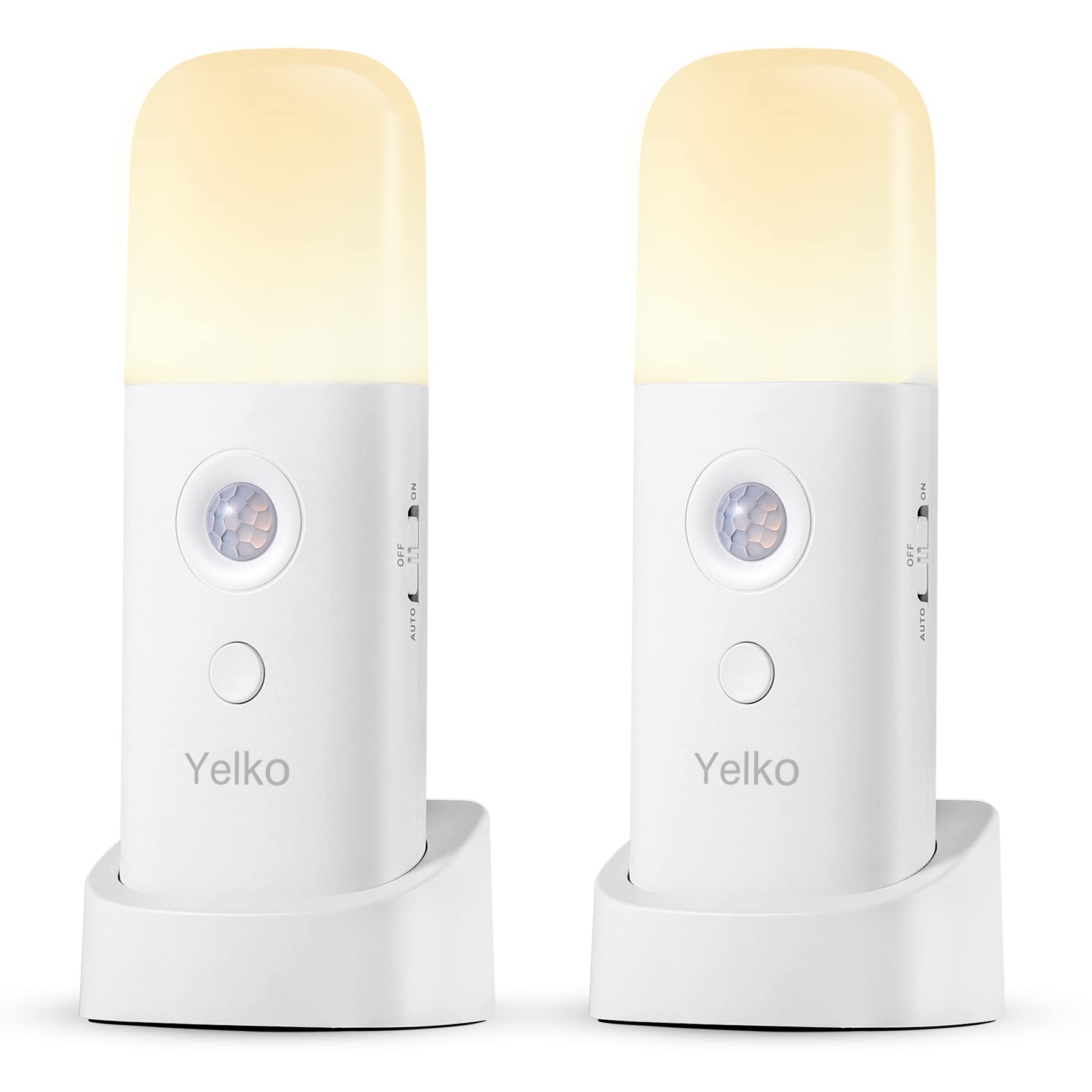 YELKO Motion Sensor Night Light, Rechargeable 2000mAh, Dimmable, Two Pack, Warm White, Model YK0302Y