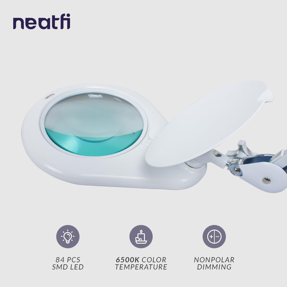 Neatfi Magnifying Lamp, 5 Diopter Glass Lens, 6500K Color Temperature, Eye-Friendly, Task Light For Sewing, Painting, Jewelry Ma